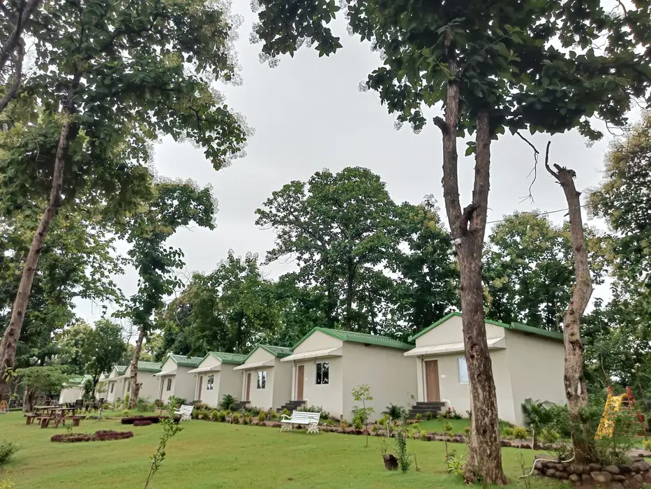 Cottages in a row beneath tall trees, with green monsoon lawns