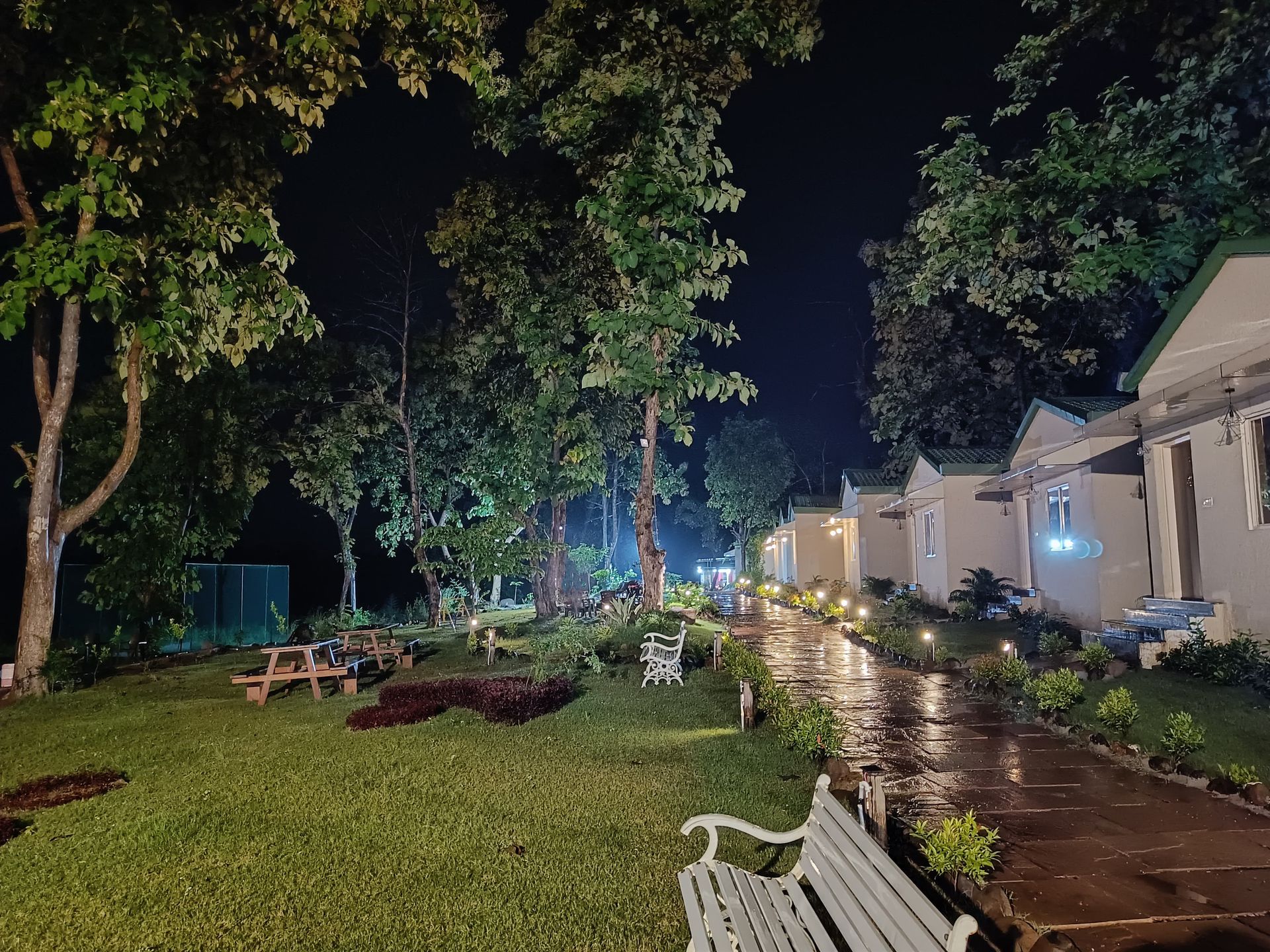 Row of cottages at night along a lamp-lit stone pathway, with lawn, benches and tall trees